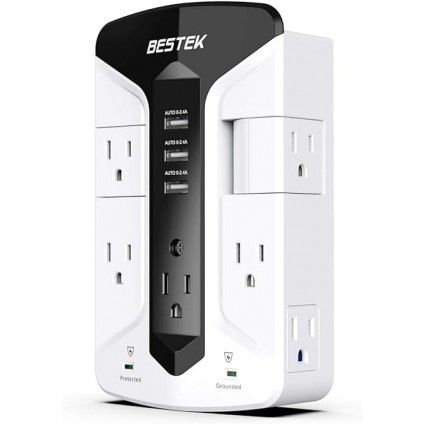 BESTEK 7-Outlet Wall Tap Surge Protector Power Strip with Swivel Outlets, 3 USB Charging Ports, 900 Joule Surge Suppression, Top Phone Holder